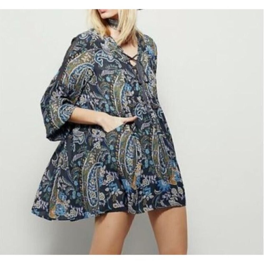 Free People Rain or Shine Dress Womens Small Paisley Print Crochet Trim Boho